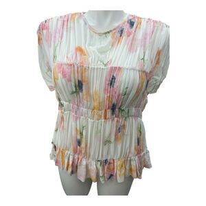 H&M White Pleated Cap Sleeve Blouse